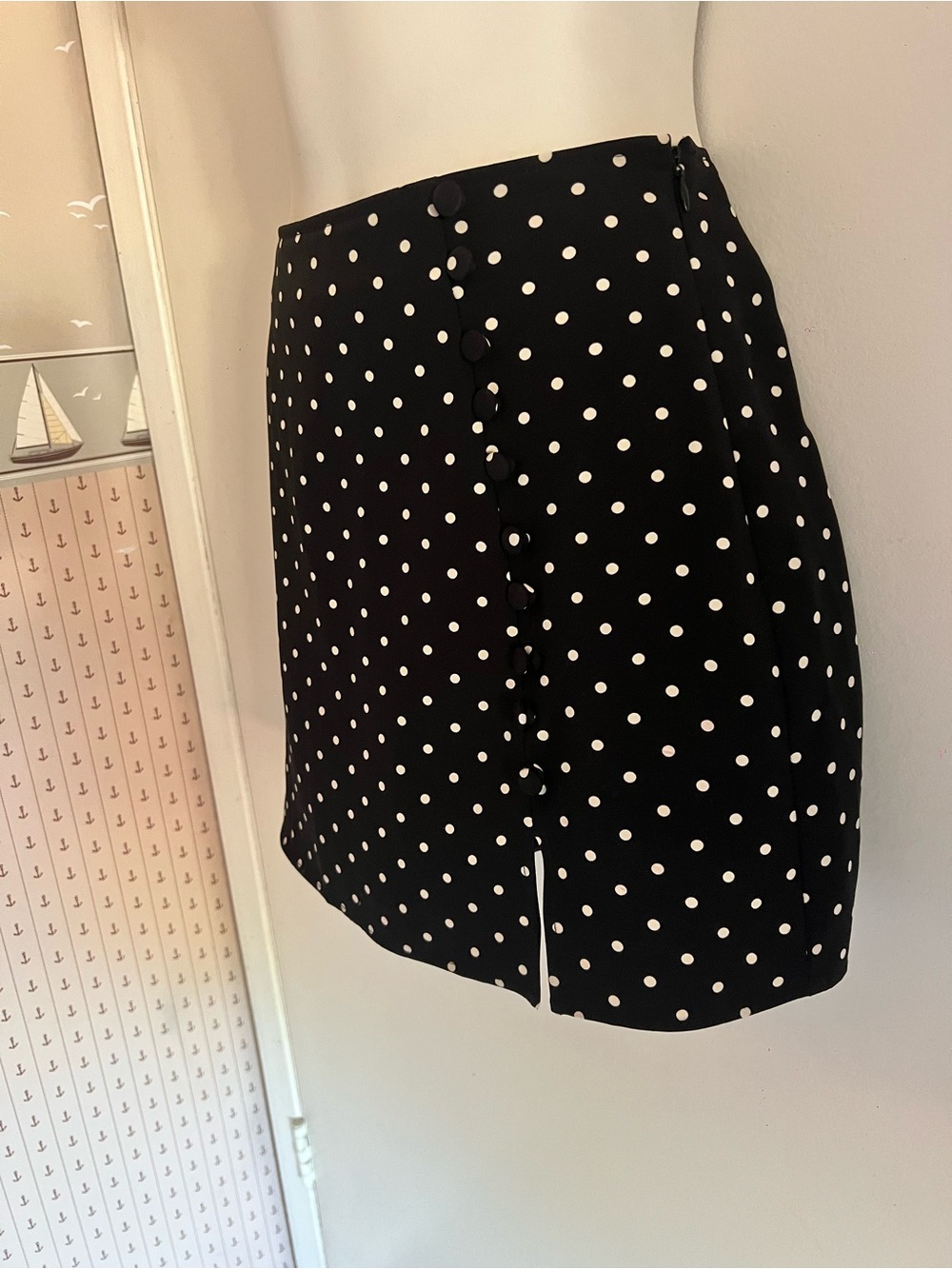 Zara Black Mini Skirt with White Polka Dots and Front Buttons